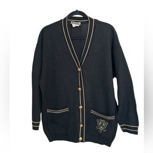 Vintage Sears V-Neck Cardigan with Gold Buttons and Metallic Trim